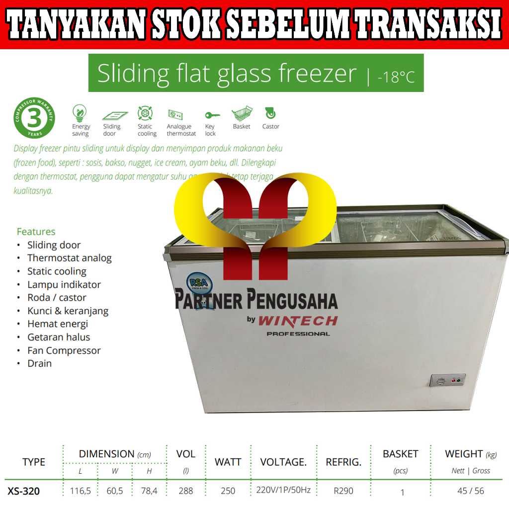 RSA XS-320 Kulkas Box Pemajang Es Krim / Freezer Box Pintu Kaca geser