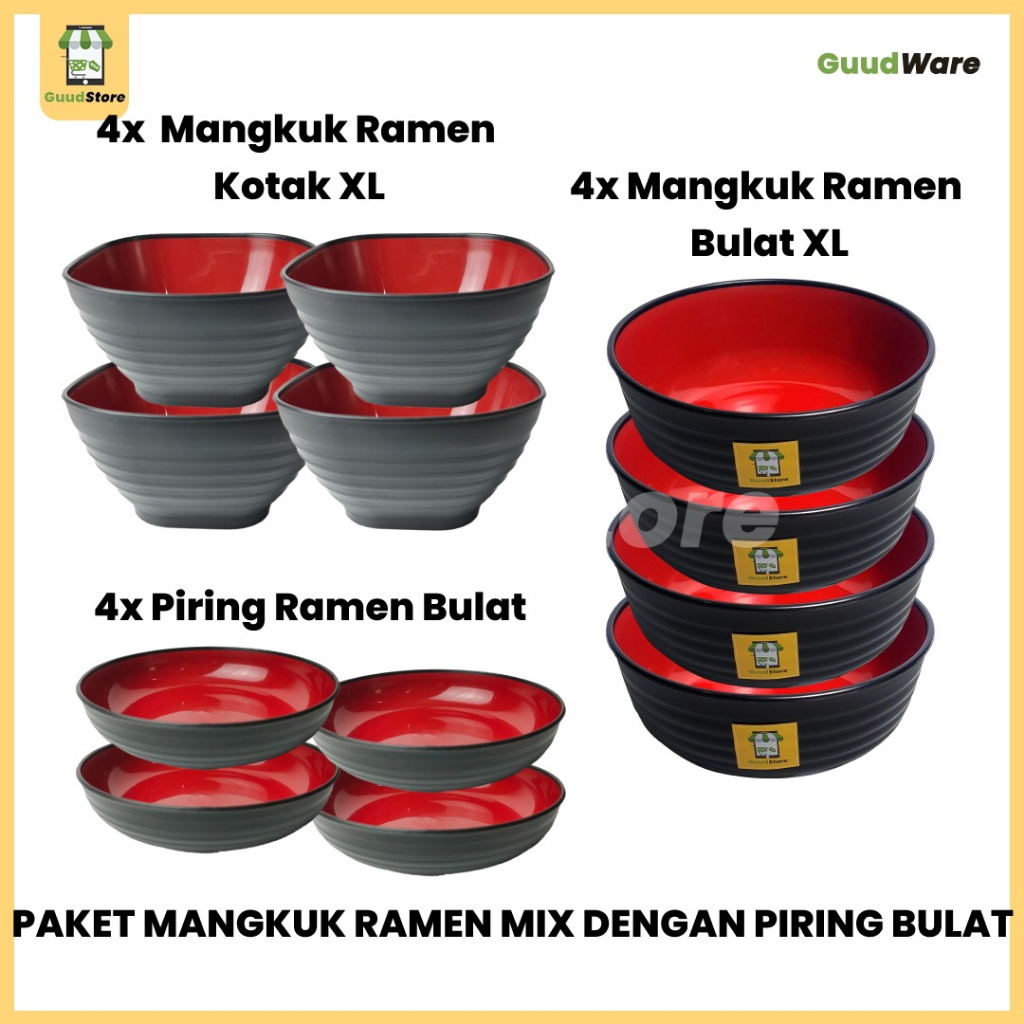(PAKET 1 LUSIN) PAKET MANGKUK RAMEN MIX DENGAN PIRING BULAT/MANGKUK & PIRING RAMEN JEPANG PLASTIK