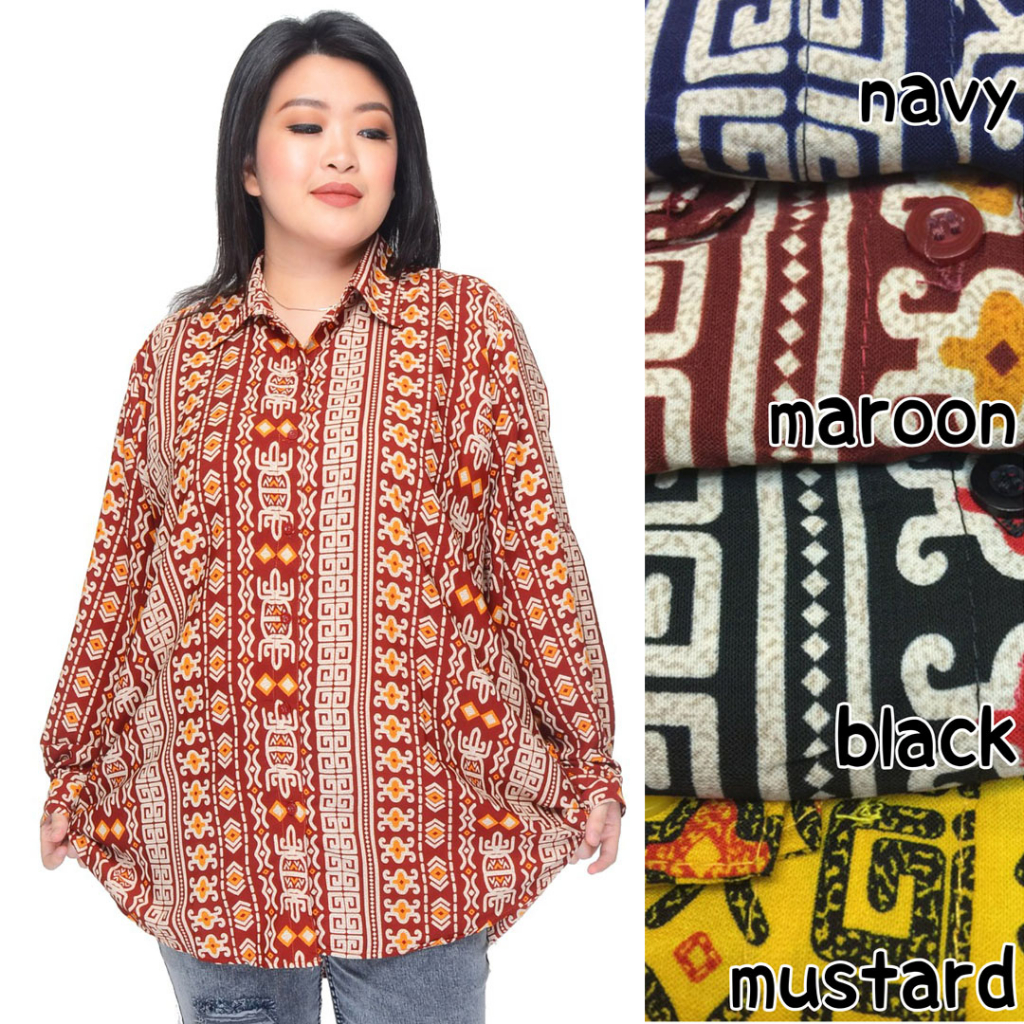 DINZLIE KEMEJA JUMBO WANITA MOTIF BUNGA BAHAN WOLFIS ETNIK BIGSIZE BESAR XXXL LD 128CM