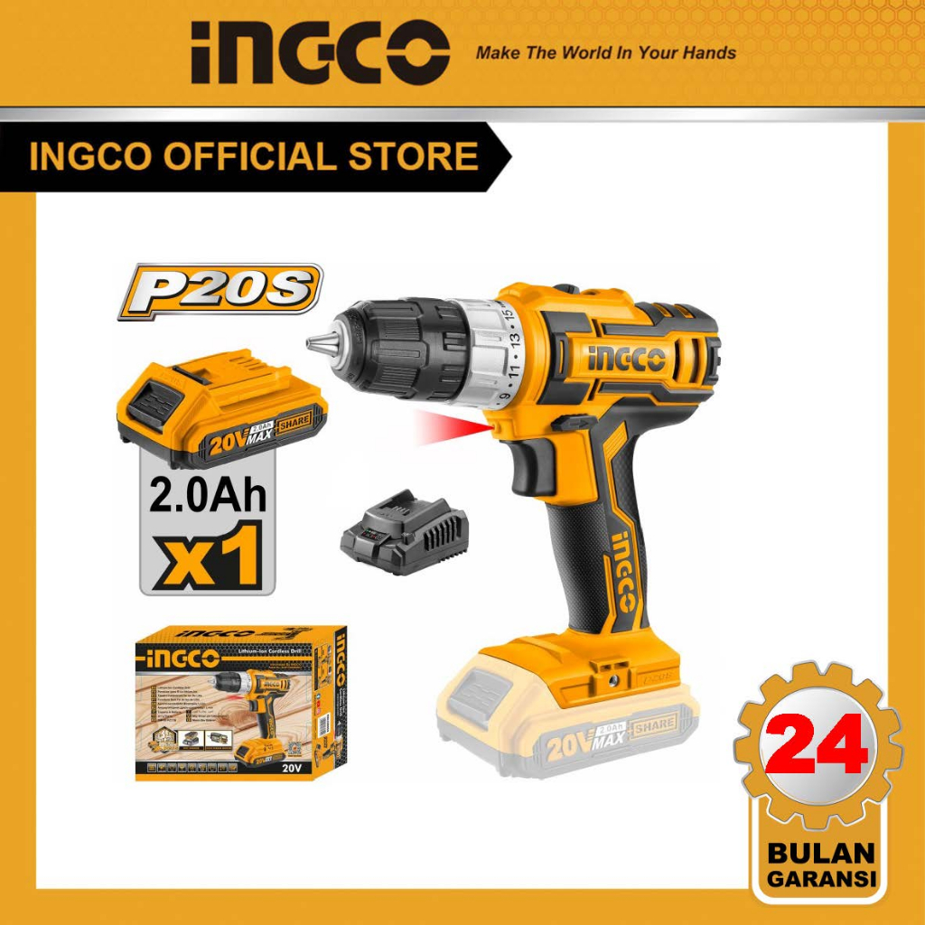 (INGCO) - MESIN BOR CORDLESS 20V (1B&1C) INGCO BOR BATERAI / BATRE / BATRAI BESI KAYU STANDAR GERMAN