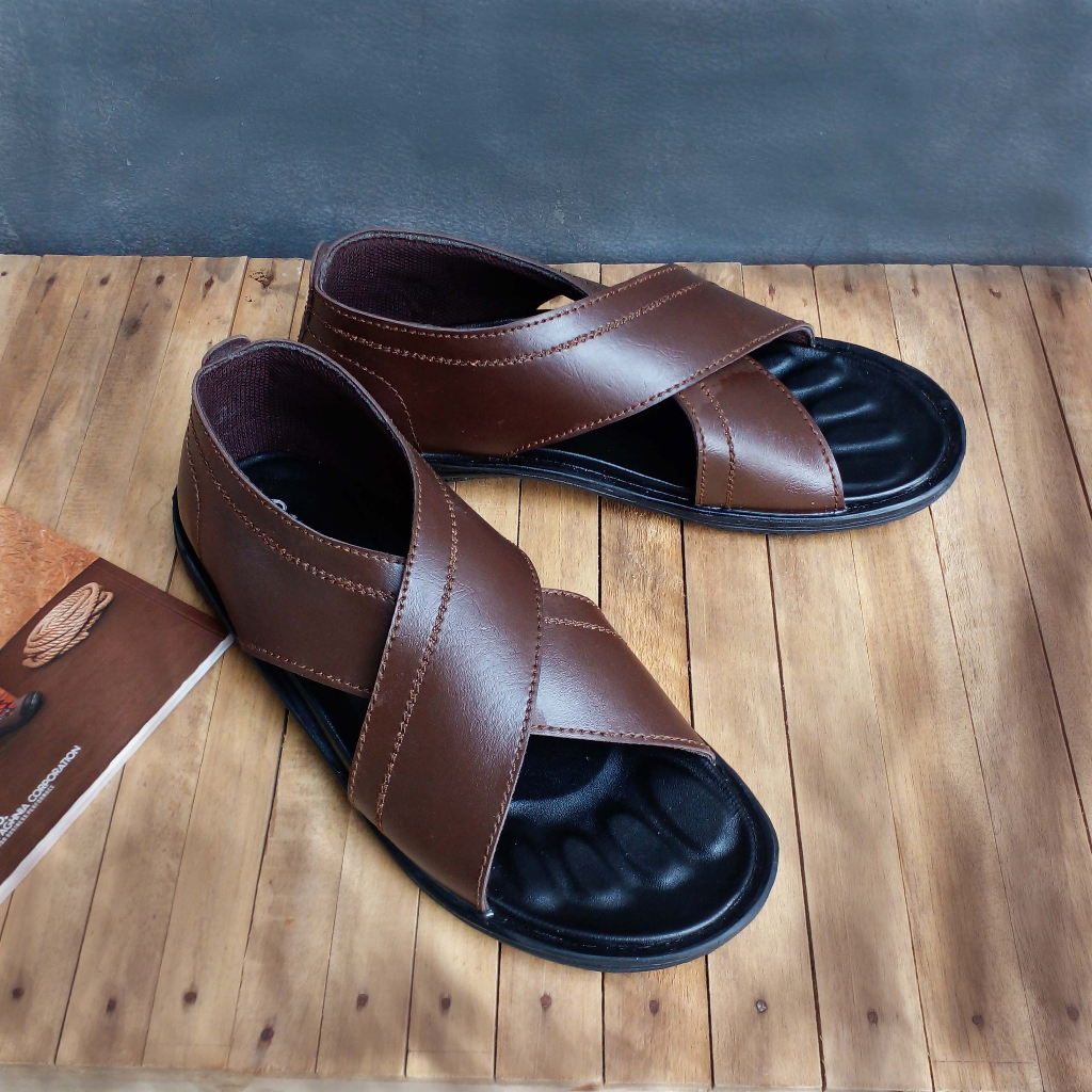 Sepatu sandal slip on casual formal pria kulit dark brown ukuran standar 38-43