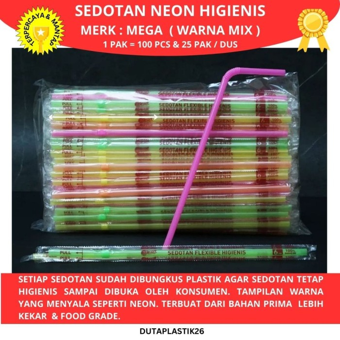 Sedotan Plastik Warna Warni Neon Bengkok Higienis Steril Berkualitas