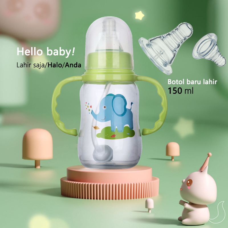 Botol Susu Bayi 150ml 0-6 bulan Baru Lahir Botol Bayi Standard Neck PP Baby Bottle dengan pegangan B