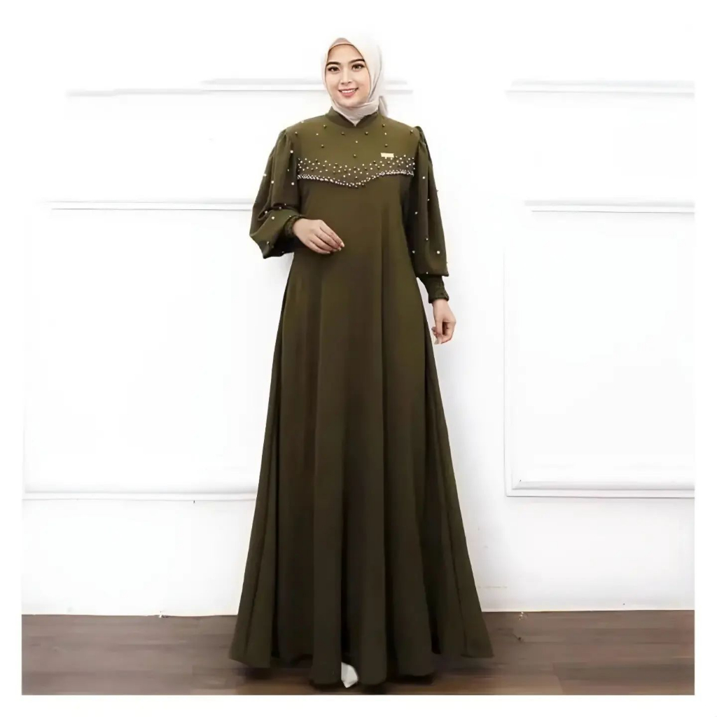 Viera Dress // Gamis Cringkle Airflow Mix Mutiara Payet Cantik Lengan Balon Busui Friendly Model Mayung All Size  M L XL Warna Sage Premium // Gamis Lebaran Jumbo Terbaru 2024 // Gamis Pesta Mewah Elegant Kekinian // Gamis Kondangan Fashion Wanita Muslim