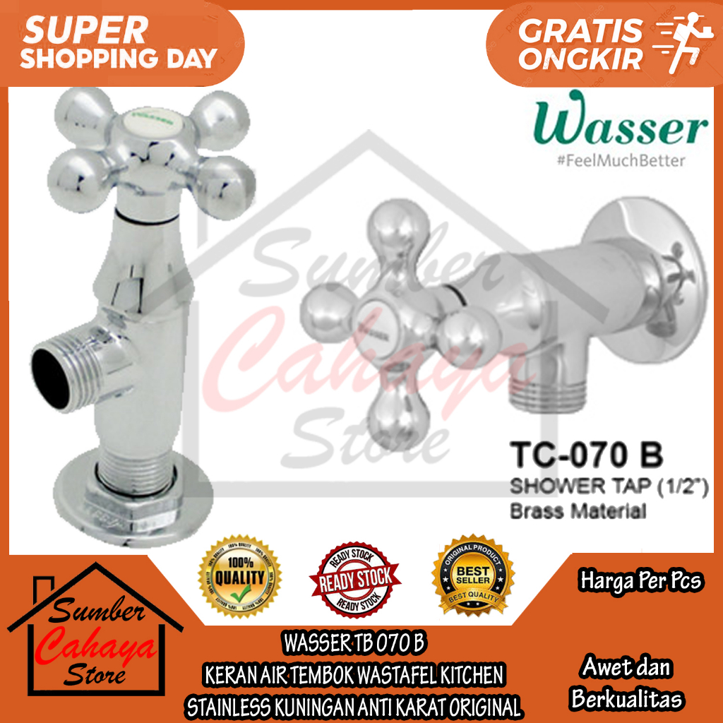 Wasser TC 070 Stop Kran Air Valve Jet Shower Tap Cross Keran Dinding Tembok Pengatur Suhu Panas Ding