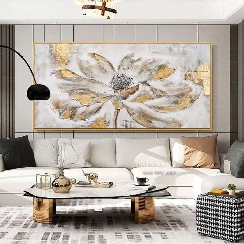 lukisan abstrak bunga, lukisan dinding besar 150×80 plus frame bingkai