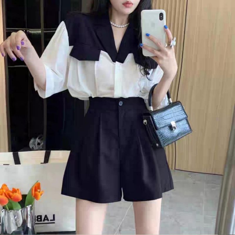 5835 Set2in1 ONESET Setelan baju atasan set celana pendek setcel PATCHWORK lengan pendek hitam mocca