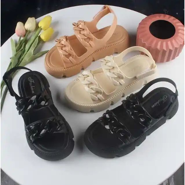 Sandal Wanita Karet Jelly Wedges Platform Tebal Tali Belakang Ban Dua 2312-B2