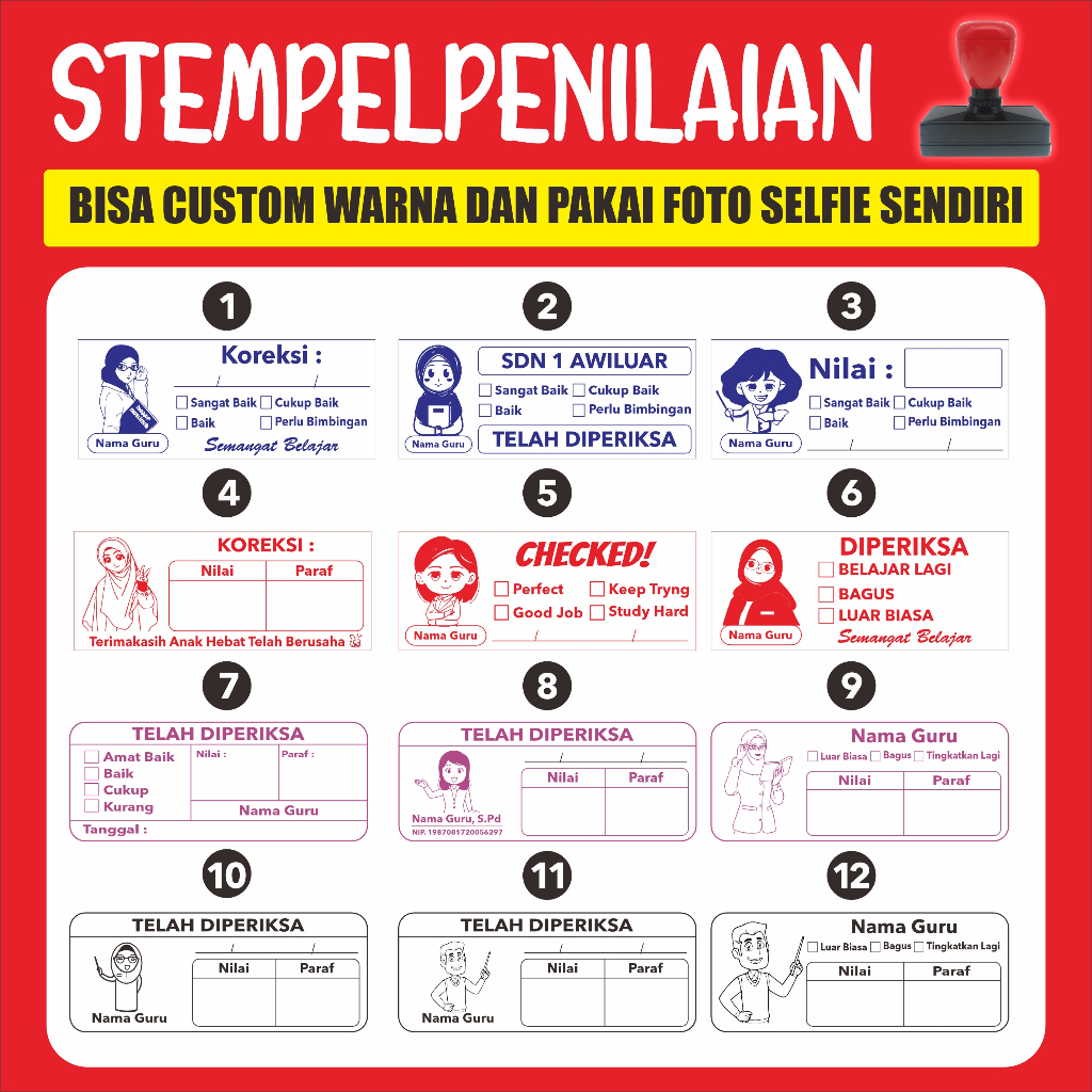 

Stempel Peniliaian Sekolah TK, Stempel SD TK PAUD Stempel Custom Foto Nilai Ukuran 22mm x 55mm