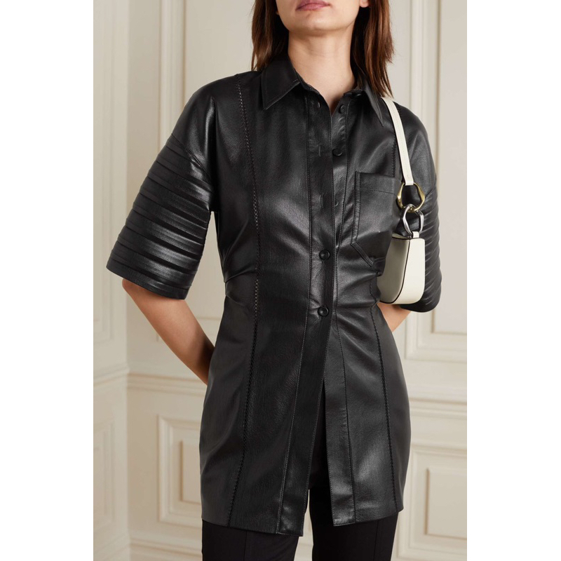 NANUSHKA Taya Lace-Trimmed Pleated Vegan Leather Shirt Size M