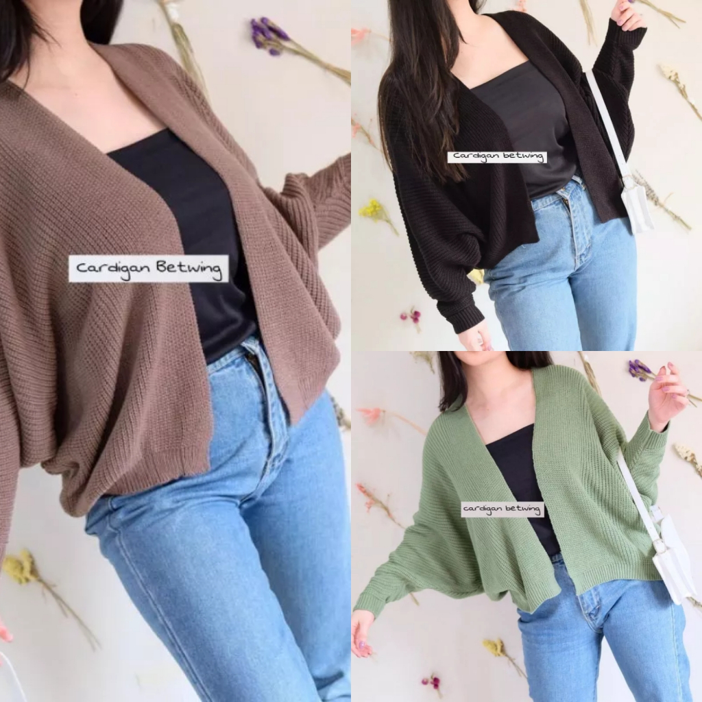 Baju Cardigan Outer Luaran Rajut Batwing Hitam Putih Maroon Abu Abu Navy Burgundy Denim Cream Dusty 