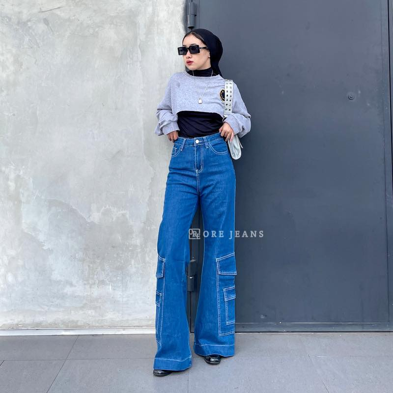 ORE - K22 Size 27-34 - Kulot Highwaist Jeans Wanita Premium - Celana Loose Cargo Denim Kekinian