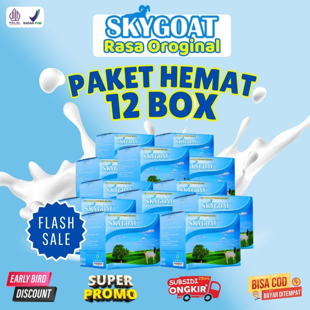 

( BISA COD ) 12 BOX Skygoat Susu Kambing Etawa Original Dengan Bubuk Krim | Susu Kambing Murni Skygoat Per Box Susu Kambing Etawa merupakan produk campuran susu kambing etawa pilihan dan krim bubuk rasa original yang diproses menggunakan teknologi moder