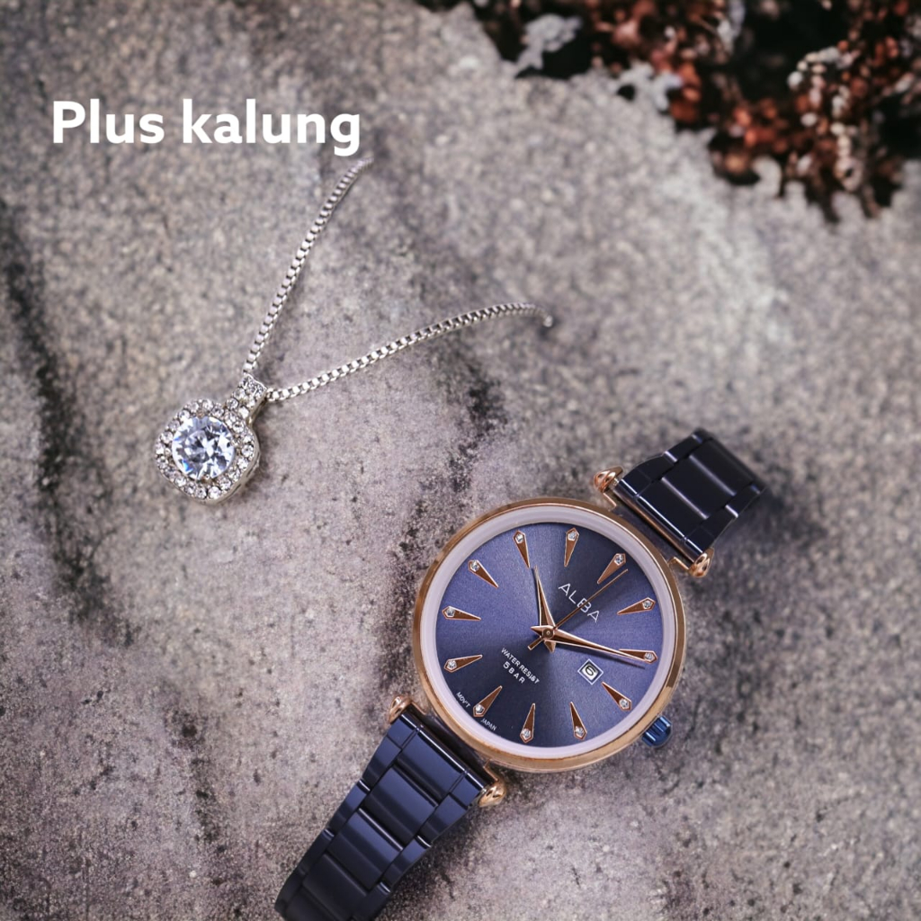 COD Jam Tangan Wanita Alba Rantai Body Bulat Free Kalung Permata Tanggal Aktif