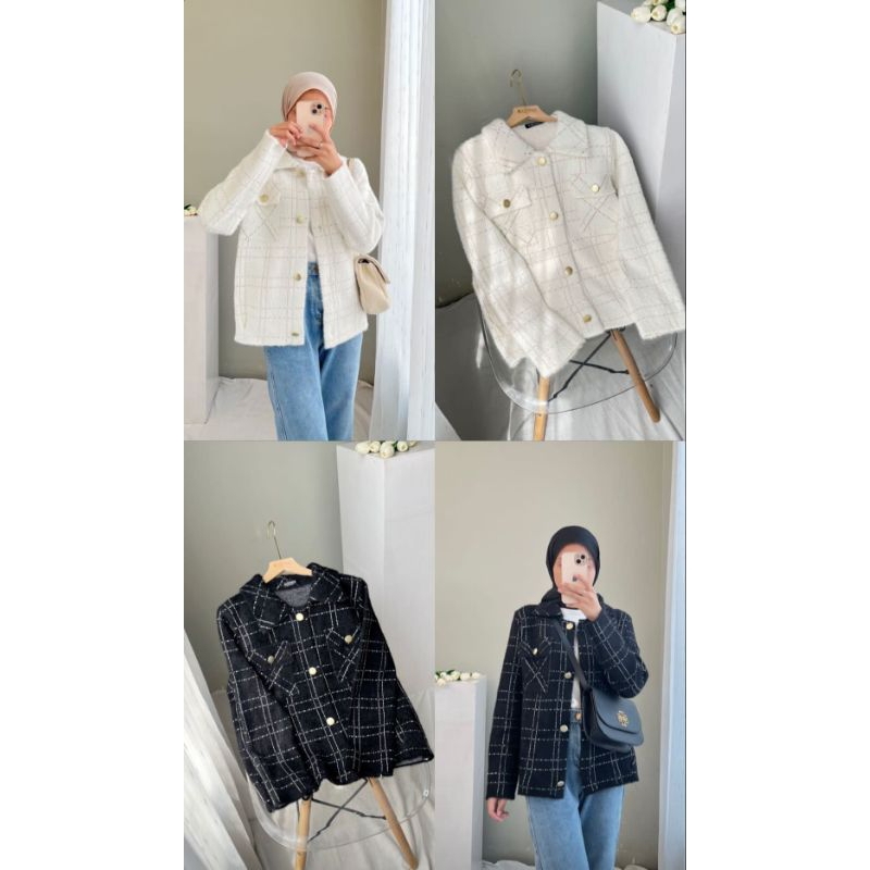 Produk Edmee Outfit Raine Blouse Jade Stripes Cardigan Stripes Button Knit SIAP KIRIM