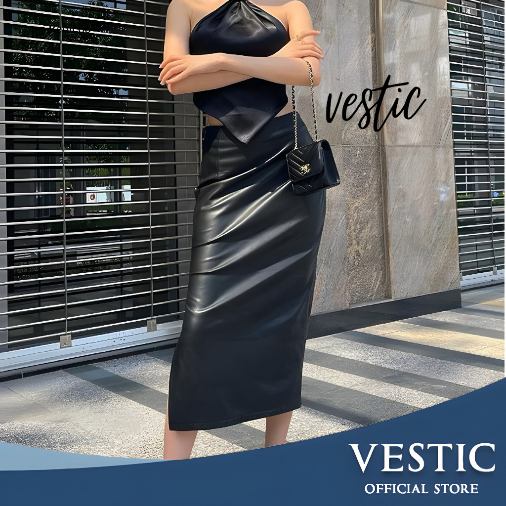 Rok Kulit Pensil Hitam Panjang Wanita dengan Celah Samping Resleting