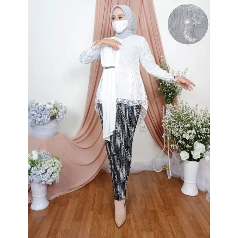 Ready Set Kebaya Selendang Putih Modern/Tunik Brukat Putih//Kebaya putih/tunik putih termurah/kebaya