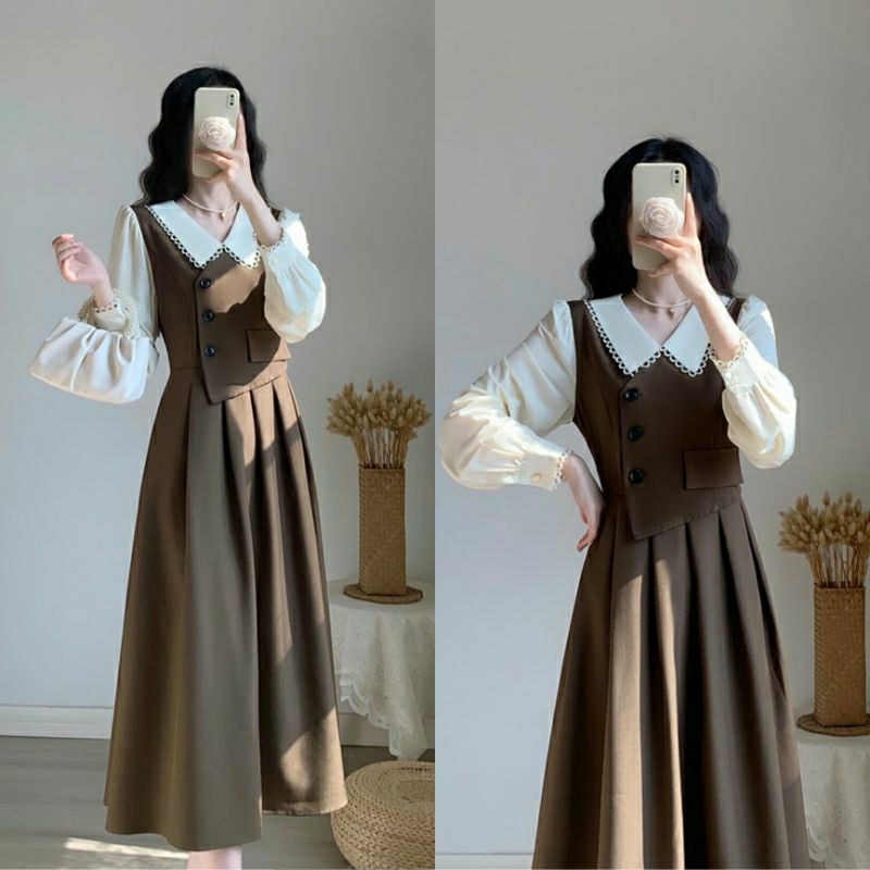 READY STOCK | Aleandra Dark Academia Midi Dress | AT218 Afternoon Tone