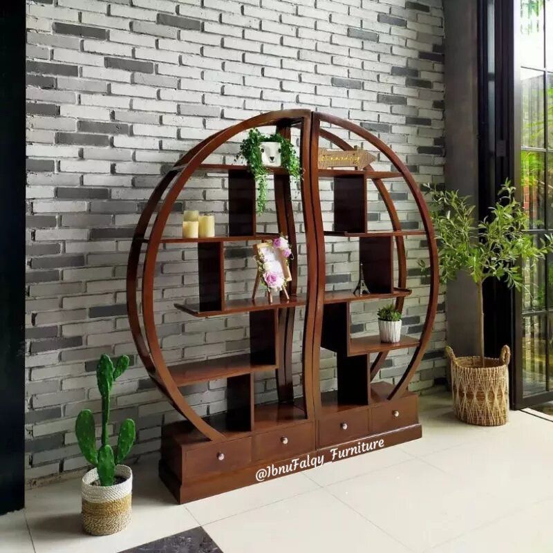 Rak Buku Kayu Jati / Rak Buku Bundar / Partisi Penyekat Ruangan