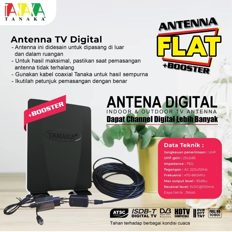 TANAKA ANTENA TV DIGITAL FLAT +BOSTER INDOOR OUTDOOR FREE KABEL ANT2503