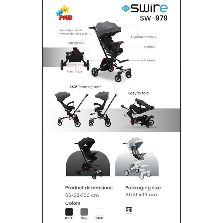 Stoler Lipat Stroller Roda 3 Anak Bayi Dorong PMB SWIRE SW989 Swire SW979