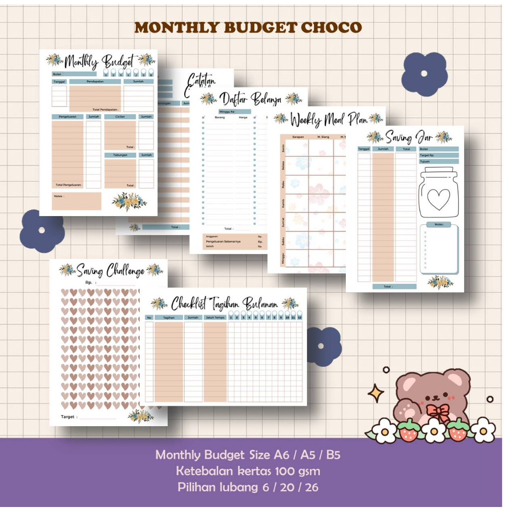 

MONTHLY BUDGET Choco PLANNER CATATAN KEUANGAN CASHFLOW PENGELUARAN BULANAN / FINANCIAL TRACKER / KERTAS BINDER / EXPENSE TRACKER / SAVING JAR / REFILL BINDER A6/A5/B5