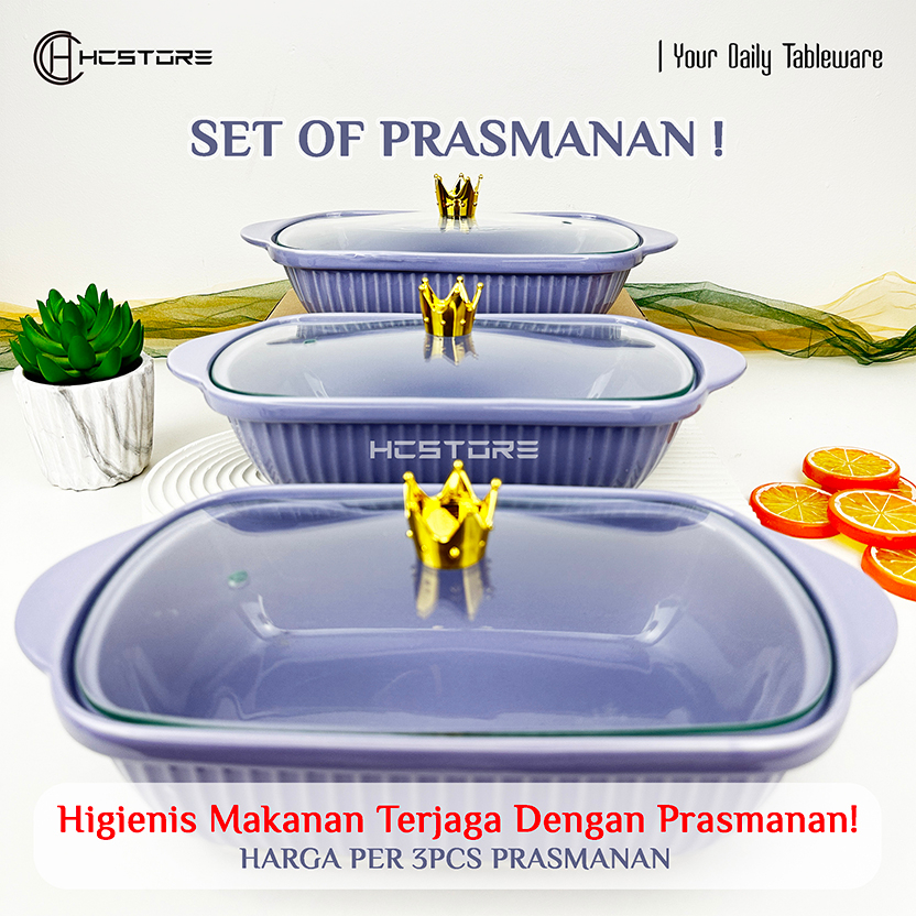 [SET 3PCS PRASMANAN] Prasmanan Keramik Piring Saji Piring Lauk Tempat Lauk Tutup Kaca  Crown Microwa