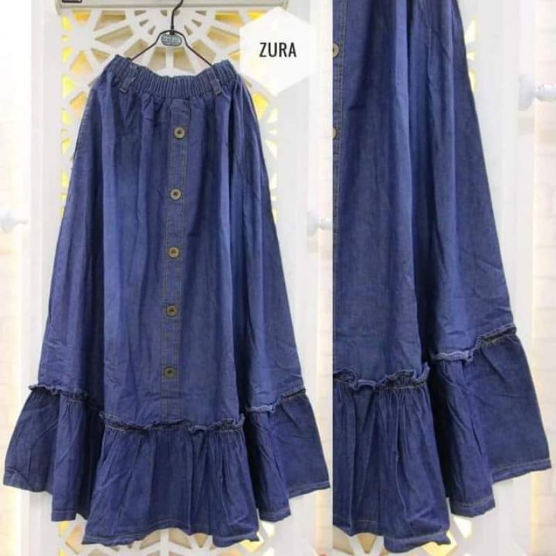rok jeans kancing rempel - rok jeans - rok rempel - rok jumbo - rok susun - rok lebar - rok jeans ju