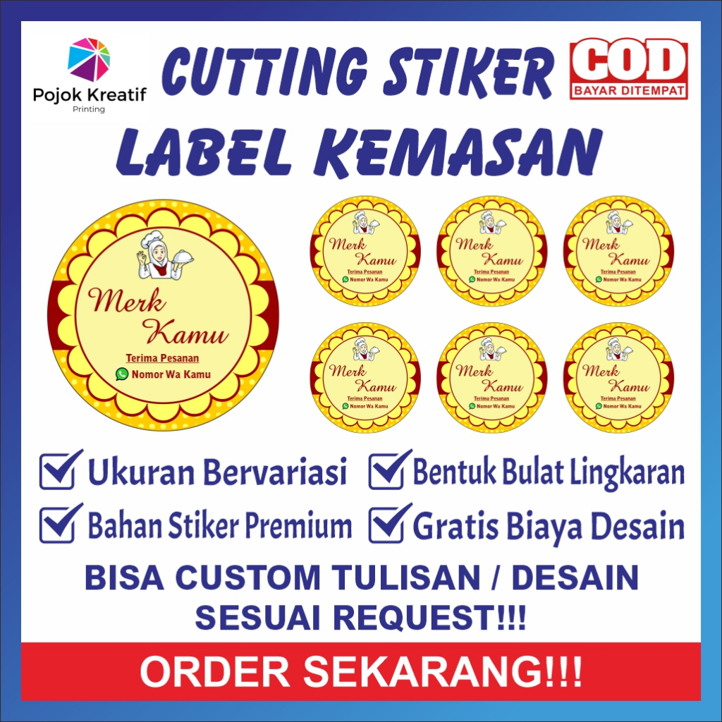 

Cetak Cutting Stiker Label Kemasan Makanan Kue A25 Kuning Bontak Vinyl Ukuran 3 4 5 6 7 cm Dapat Banyak Bisa COD Custom Request Gratis Desain Pojok Kreatif