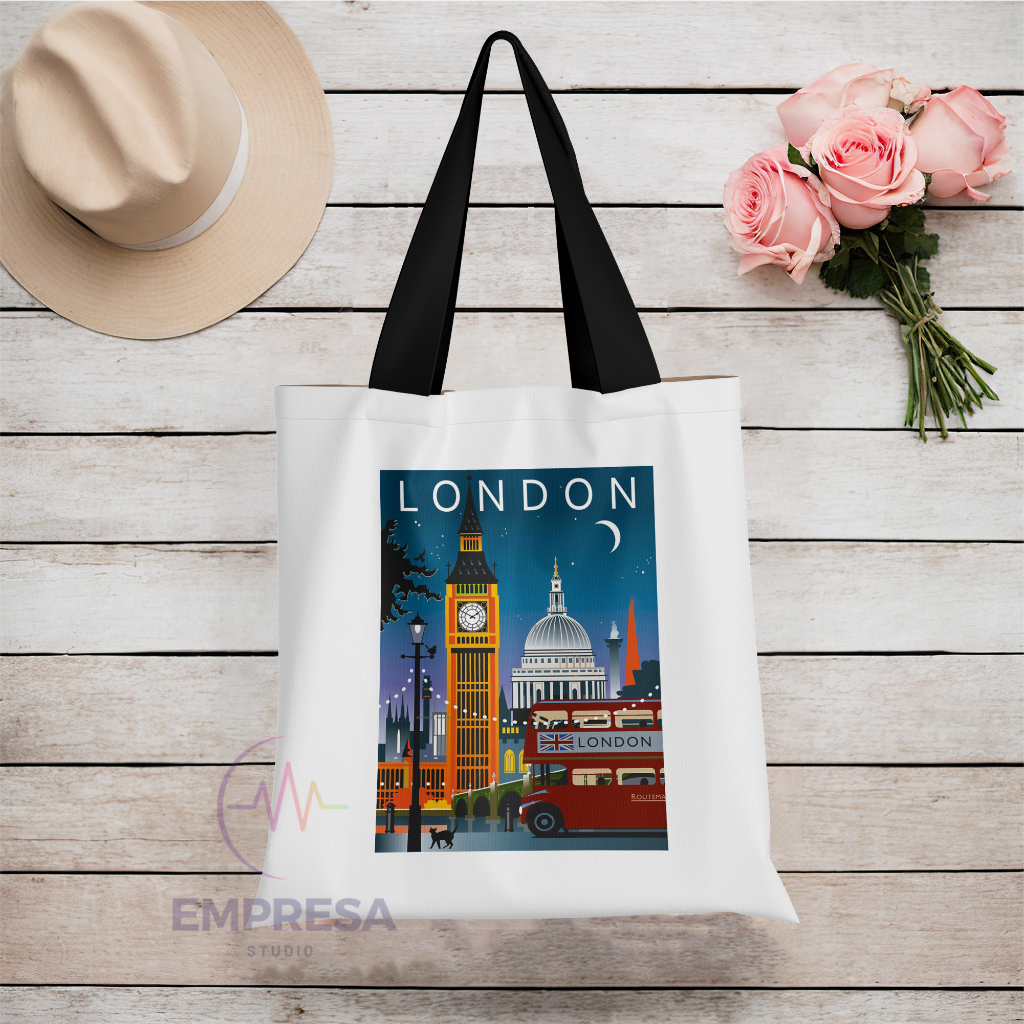 London Night City Bus Canvas Polyester Tote Bag