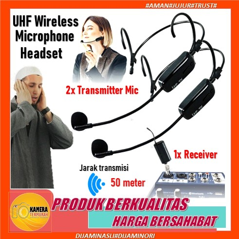 Mic Wireless Headset Bando 2 Mic Bando Batery Charger untuk Pidato Imam Masjid