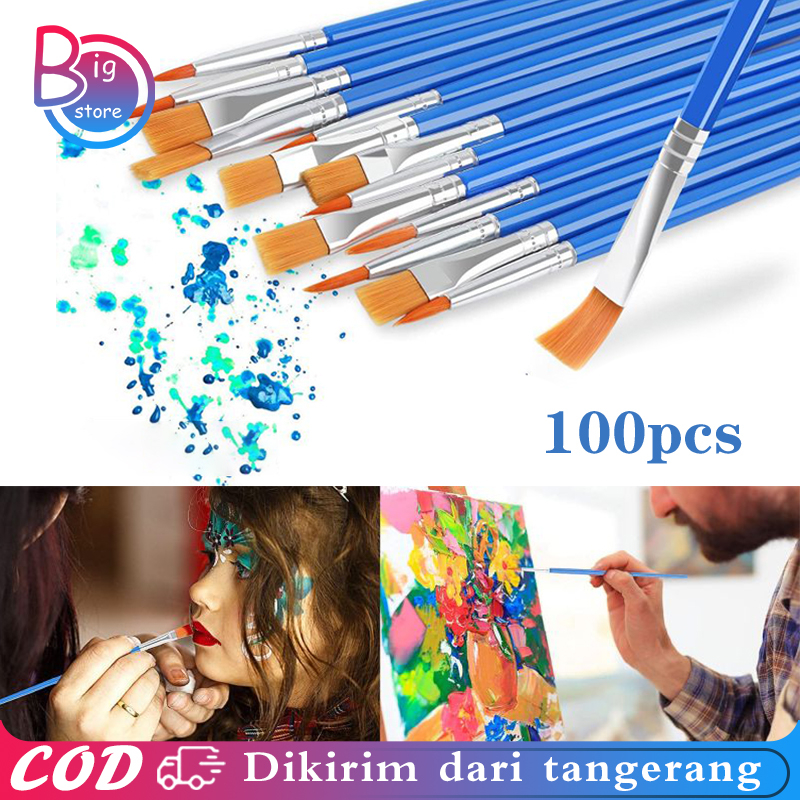 

Kuas Lukis Akrilik Bulu Nilon Cat Air 100pcs Kuas Cat Minyak Pointed Dan Flat Paintbrush