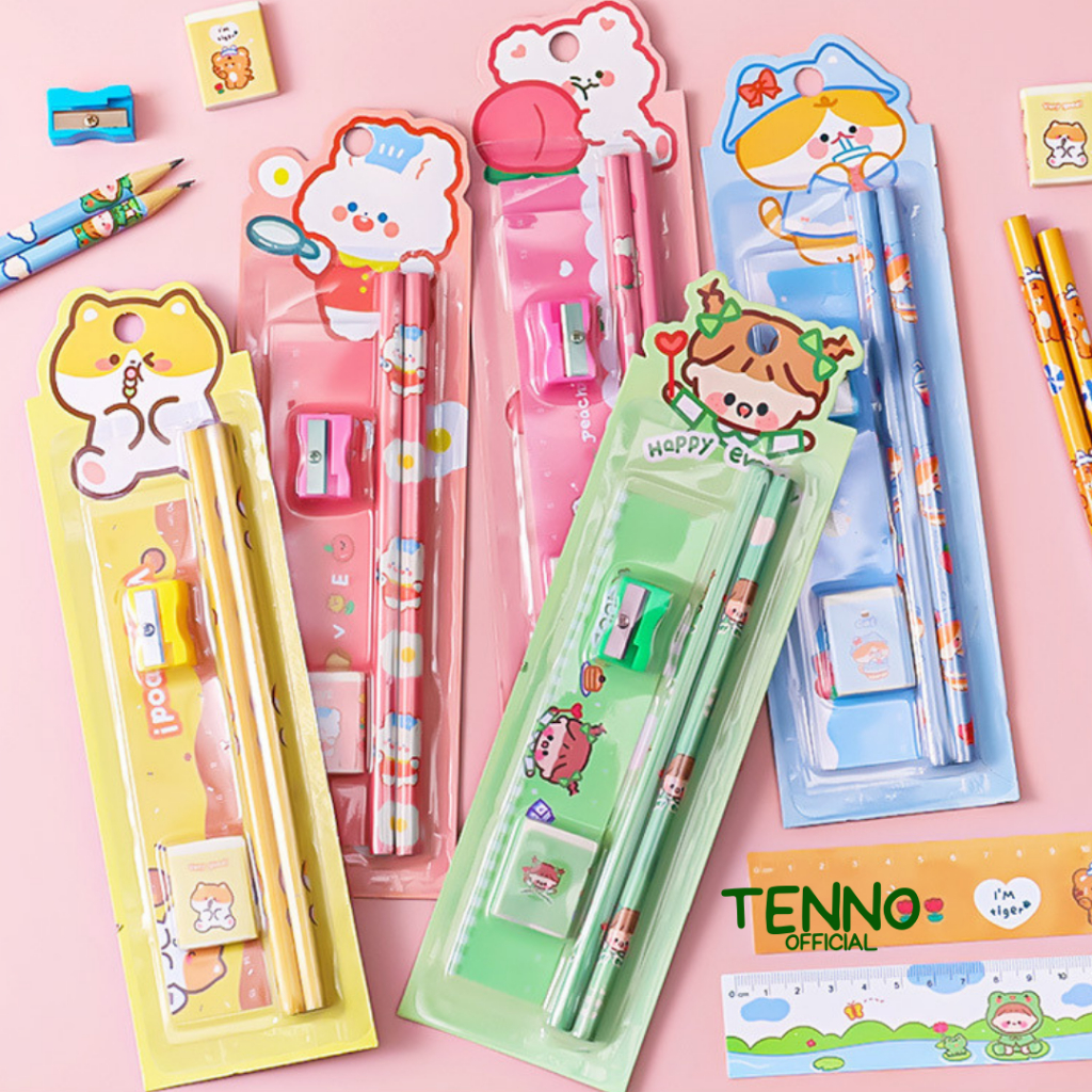 

TENNO Stationery Set 5in1 Paket Pensil Alat Tulis Sekolah Anak Berwarna Full Color Karakter Character Estetik Aesthetic Lucu Pencil