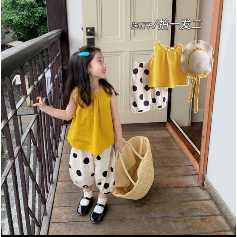 NEW ARRIVAL SETELAN 3IN1 ATASAN + CELANA JOGER + TOPI PANTAI IMPORT SUPER PREMIUM ANAK PEREMPUAN USI