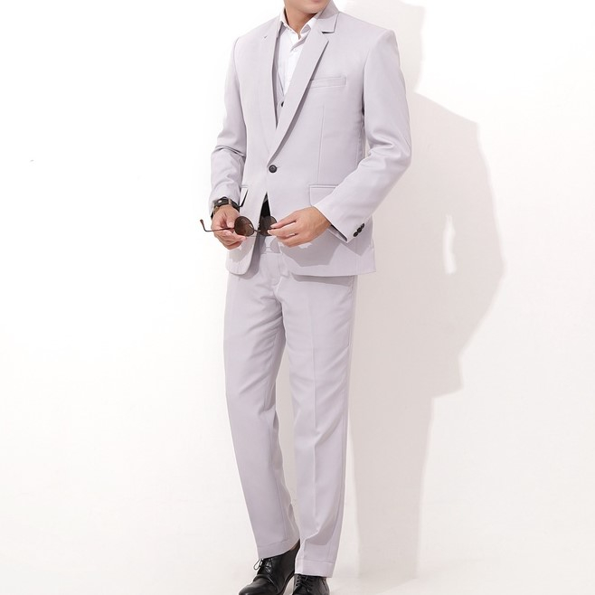 3 In 1 Set Jas Pria Tuxedo Warna Abu Muda Setelan Jas Pria Formal Jas Blazer Rompi Vest dan Celana B