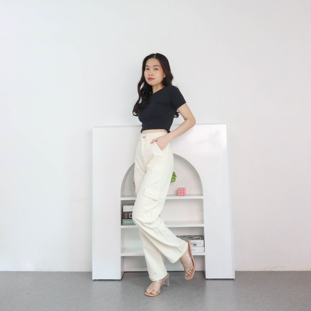 RB4 yeonin.id Celana Highwaist Cargo Jeans Baggy Import Wanita Kekinian X56 Cream