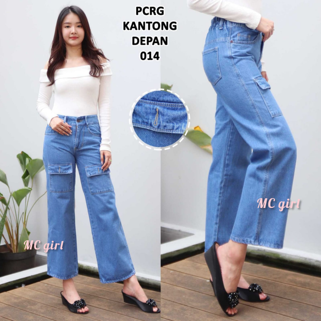 MC girl - Celana Jeans Kulot Cargo Pinggang Karet Kantong Depan Wanita / Celana Denim Kulot Boifren 