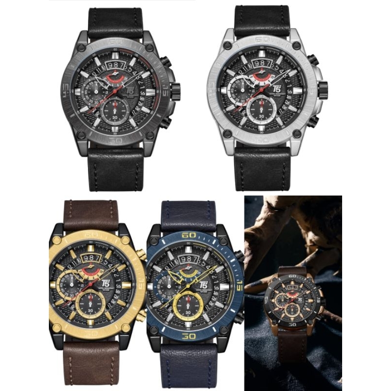 ORIGINAL Jam Tangan Pria Analog T5 H 3982G Tali Kulit Chrono Aktif