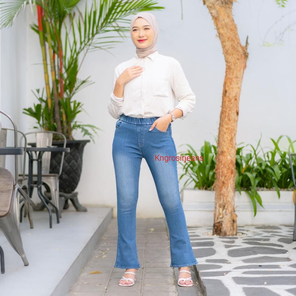 celana jeans wanita cutbray pinggang karet cutbray bahan setrit