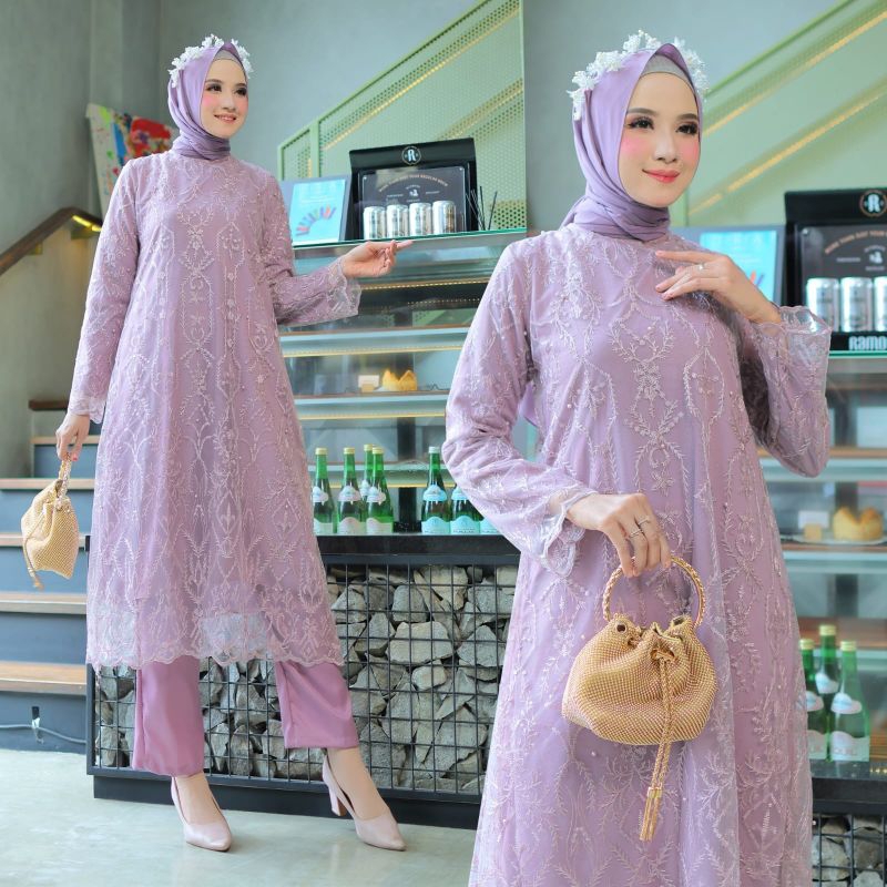 SETELAN TUNIK DRESS KEBAYA BRUKAT TILE BORDIR SET CELANA SETELAN KEBAYA CELANA ASTER NEW KF