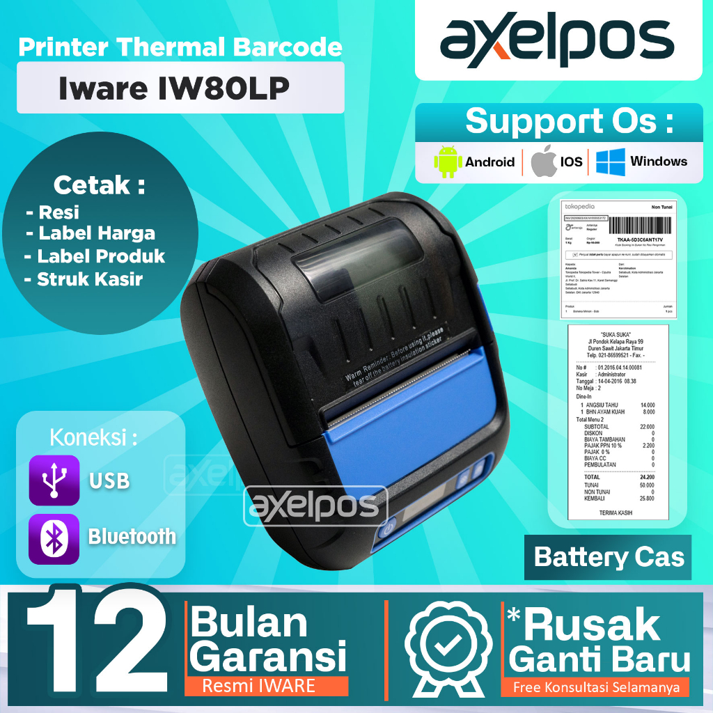 Axelpos LABEL STICKER PRINTER THERMAL IW-80LP BLUETOOTH /PENGIRIMAN SHOPEE