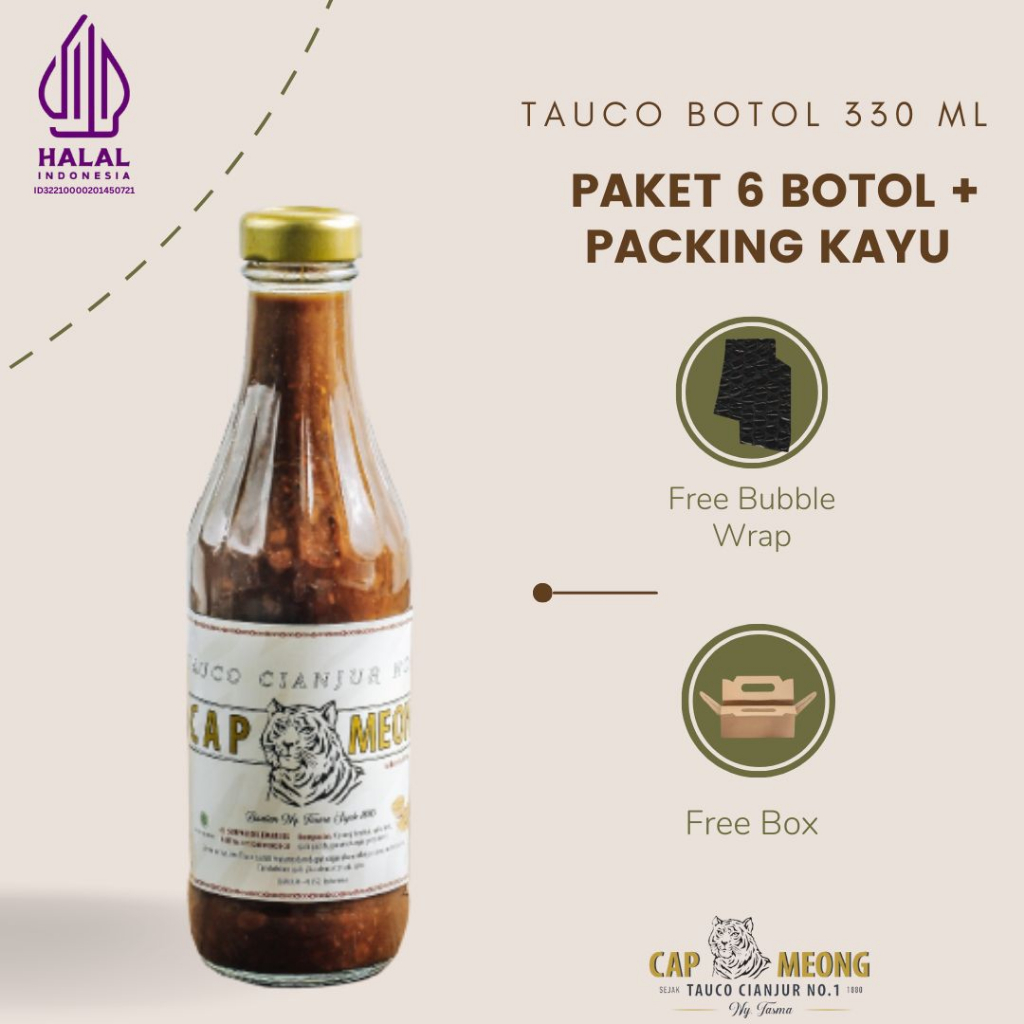 

Paket 6 botol Tauco Cap Meong Nyonya Tasma (Isi 330 ml) dan packing kayu | TAUCO NO.1 ASLI CIANJUR