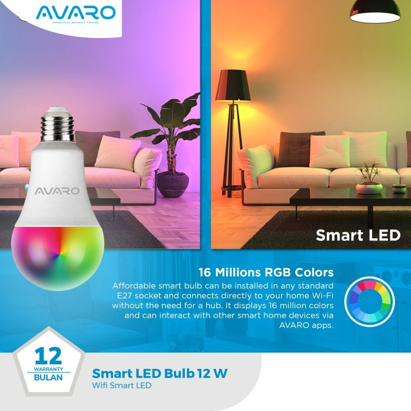 EXCLUSIVE AVARO Lampu Smart Bulb LED 12W WiFi RGB+WW Home IOT K372 Garansi 12 Bulan - Faco Store