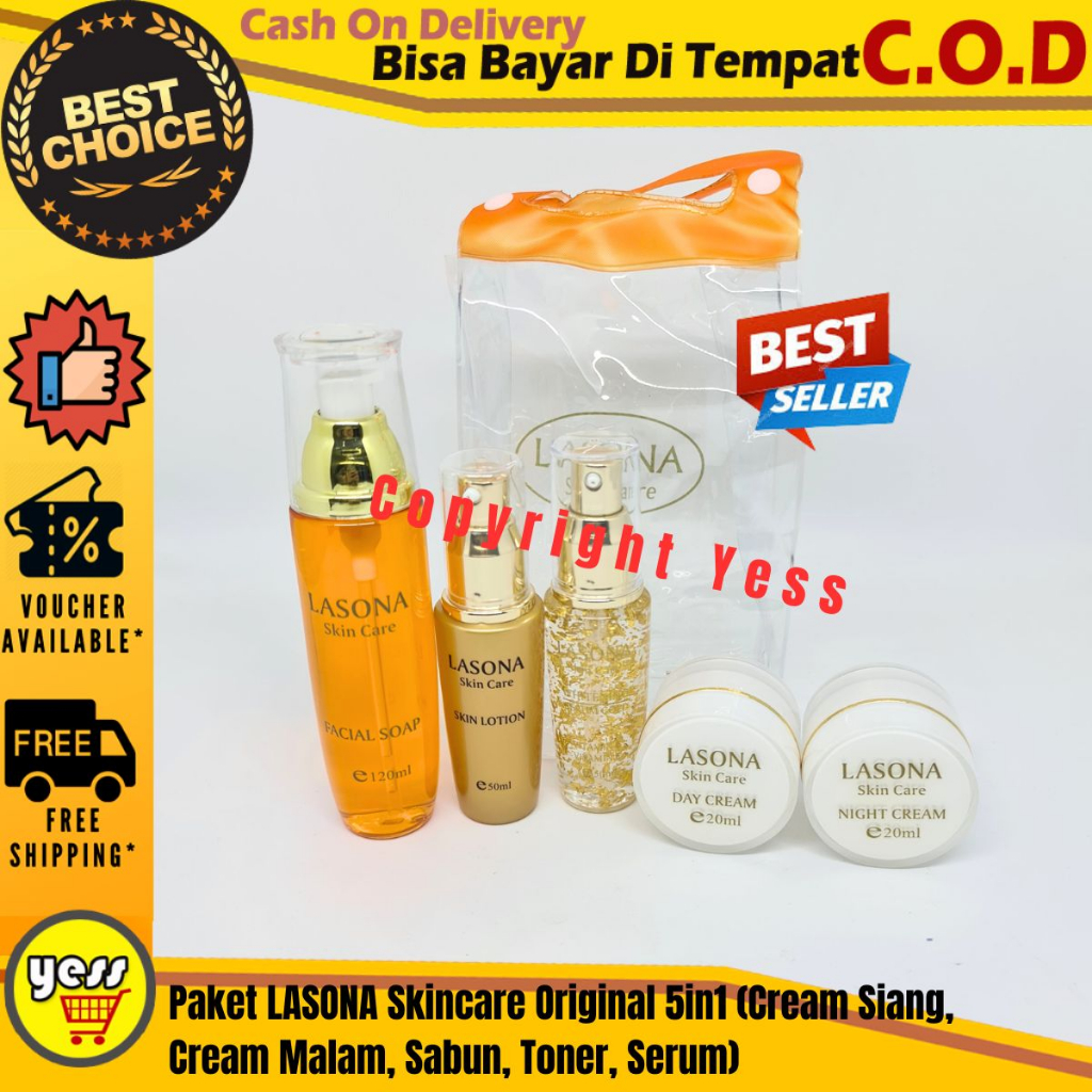 Gratis Kapas LASONA Skin Care Original 5in1 (Cream Siang, Cream Malam, Sabun, Toner, Serum) Paket La