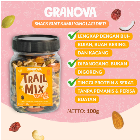 

Granova - Trail Mix Classic / Cemilan Kacang Panggang, Biji-Bijian, Buah Kering 100gr (Almond, Mete, Kismis, Biji Labu, Biji Bunga Matahari)