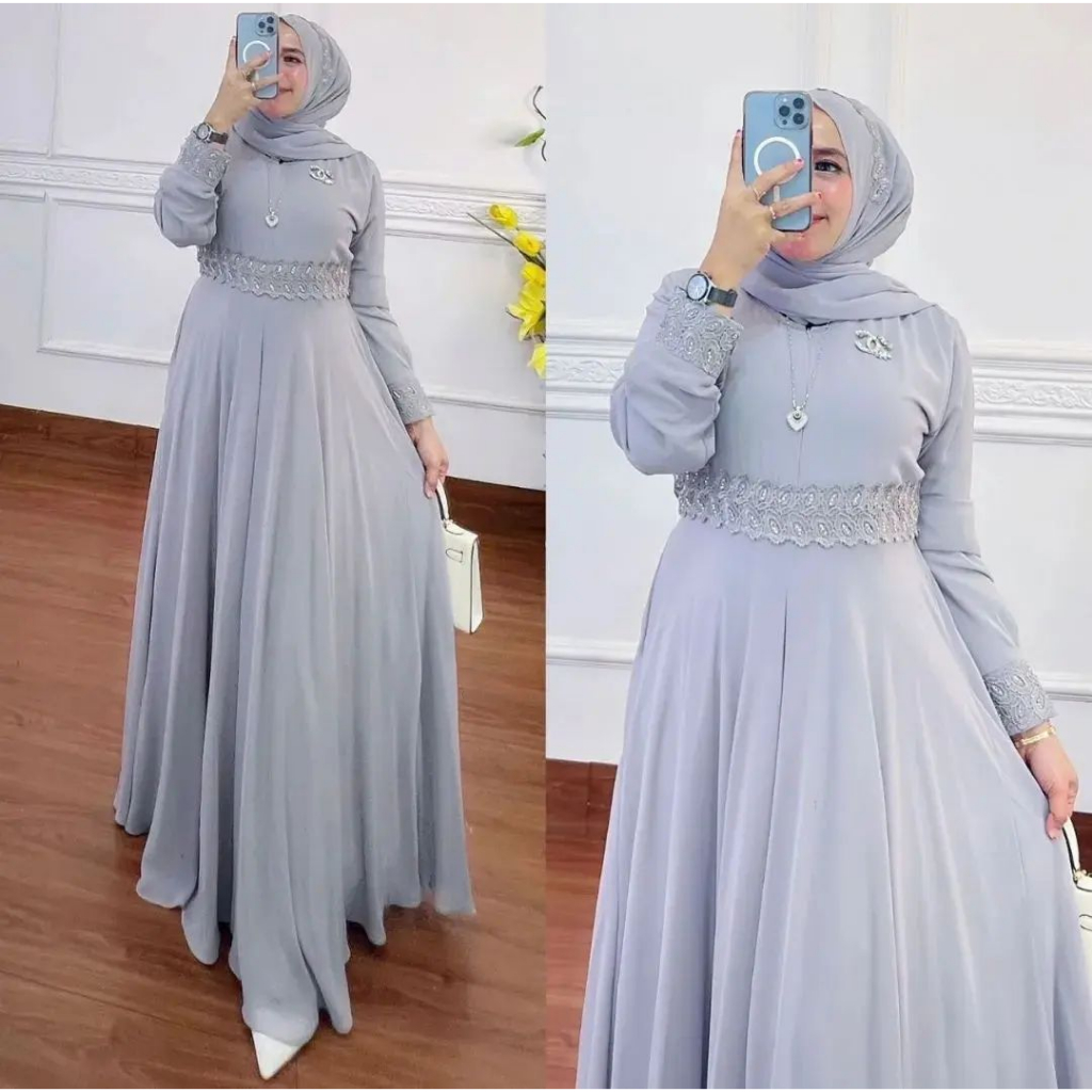 Nayla Set Pashmina l Gamis Muslim Wanita Kekinian 2in1 Matt Ceruty Babydoll l Dress Maxy Mix Renda Fashion Terlaris