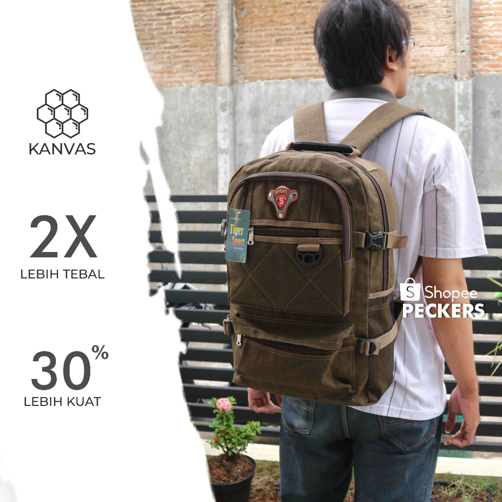 Tas Gunung Bahan Denim Ransel Kanvas Jahit Coklat Muda Distro Kain Pria Wanita Backpack Gaul Gaya Tr