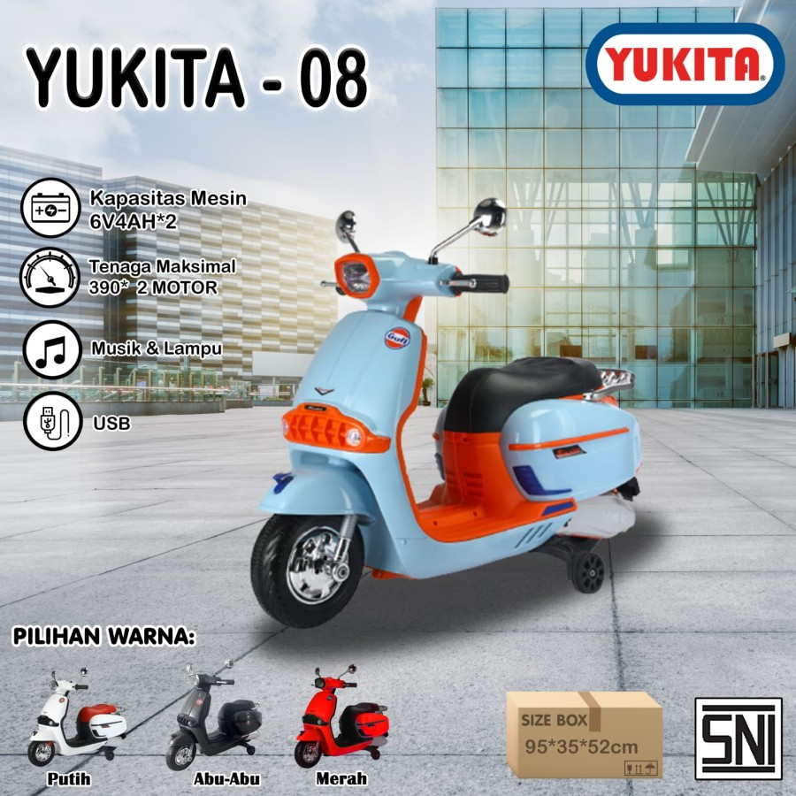 Mainan Motor Aki Anak Yukita 08 - Biru - Motoran anak Vespa - Merah-Abu-Putih