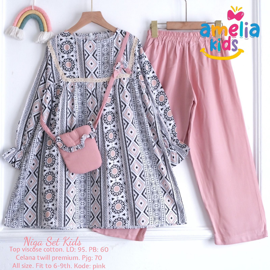 NIGA SET KIDS ORIGINAL BY AMELIA SETELAN BAJU ANAK TUNIK DAN CELANA KATUN RAYON MOTIF KEKINIAN ONESE