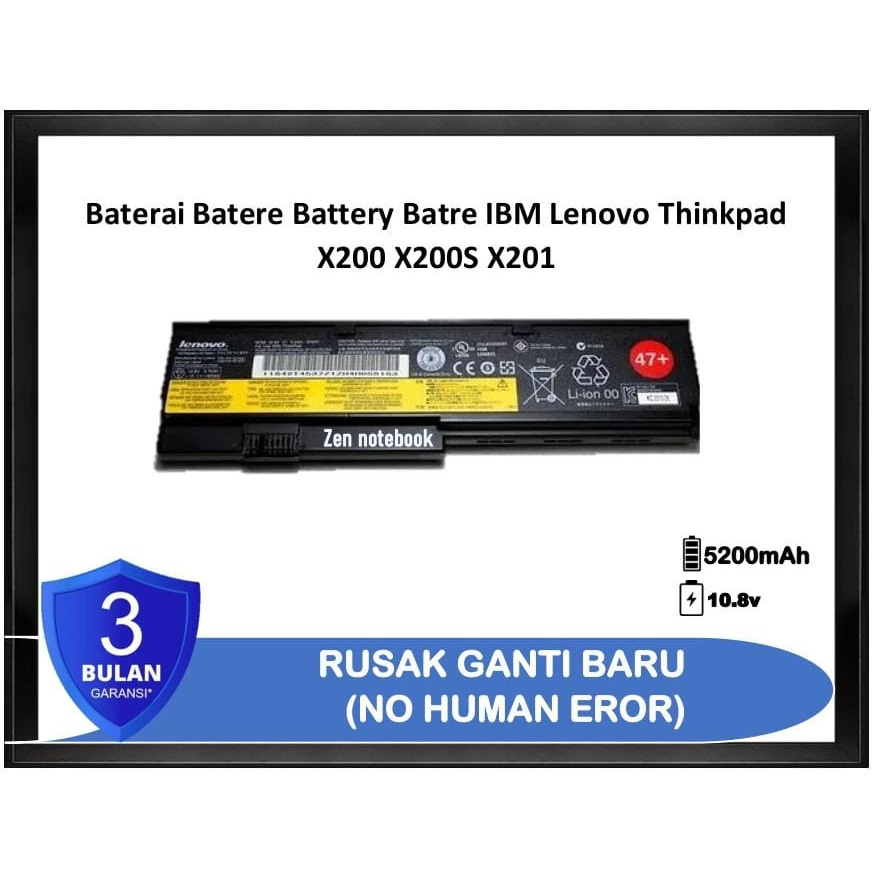 Baterai Batere Battery Batre Laptop Lenovo Thinkpad X200 X200S X201 47+